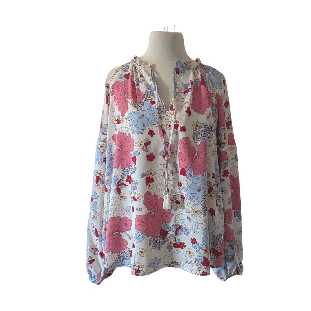 Sanctuary‎ Floral Hibiscus Blouse Pink Blue Small Tassel Boho Cottagecore Top